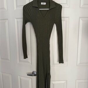 Amaryllis Green Ribbed Sheath Dress with Polo Collar